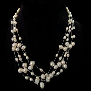 Dainty floating pearl necklace 5 strands real pearls genuine PS05 A0328 -Q1